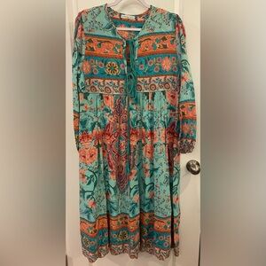 R Vivimos Maxi Dress Sz L 12/14 Teal/Multi Floral Long Sleeves Lined Top